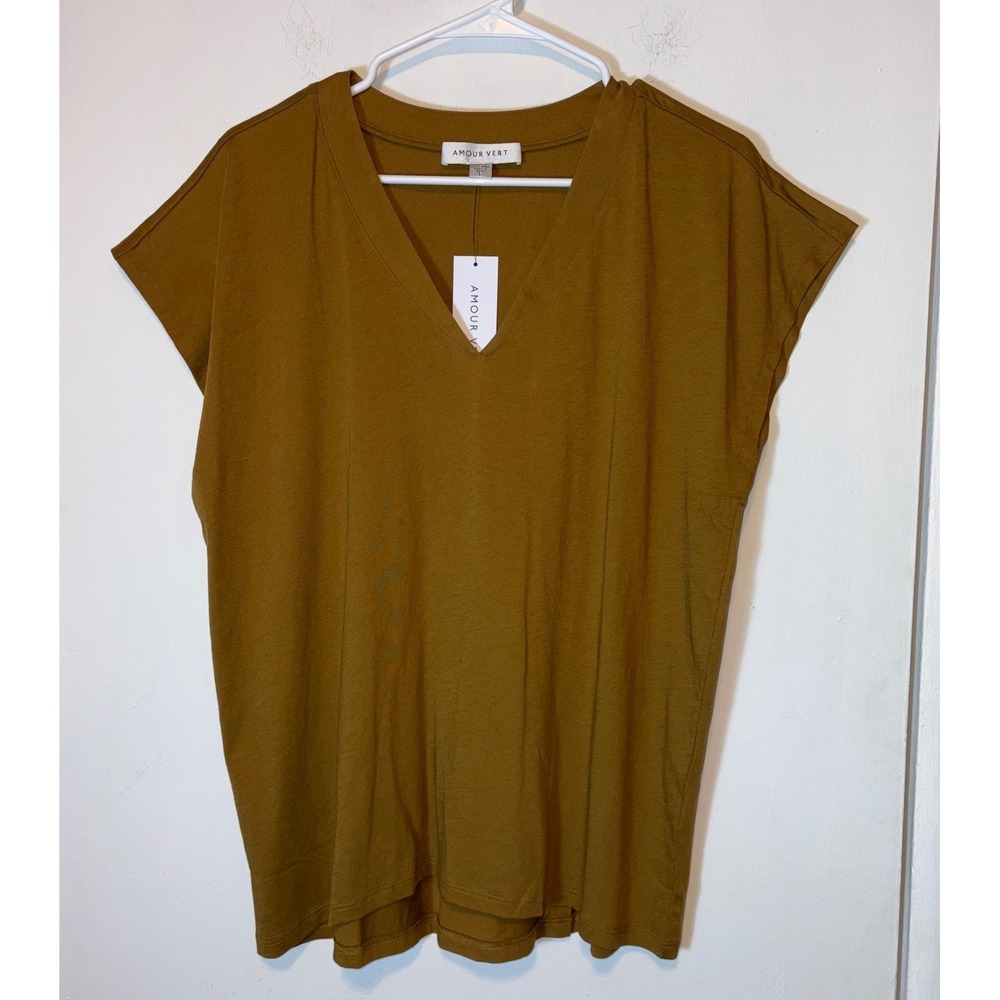NEW Amour Vert V-Neck T-Shirt Size L Terre Brown Organic Cotton Short Sleeve Tee